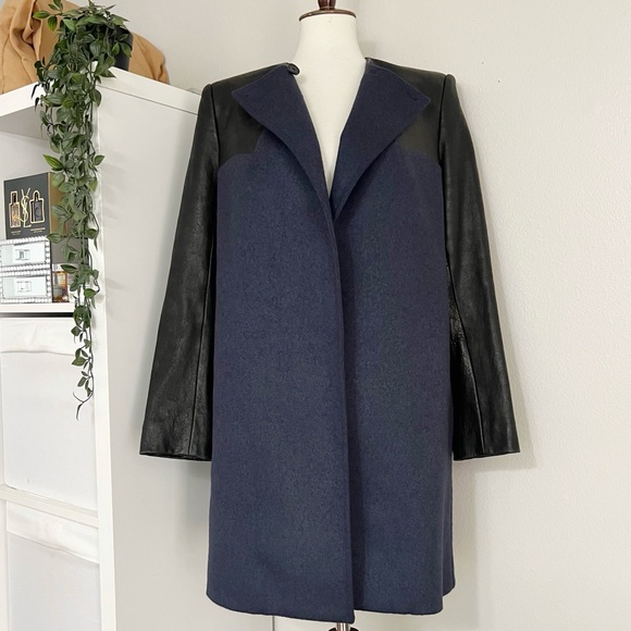 Pierre Balmain Womens Leather Panel Wool Blend Coat Size 30 Luxury Winter‎ - Picture 2 of 12